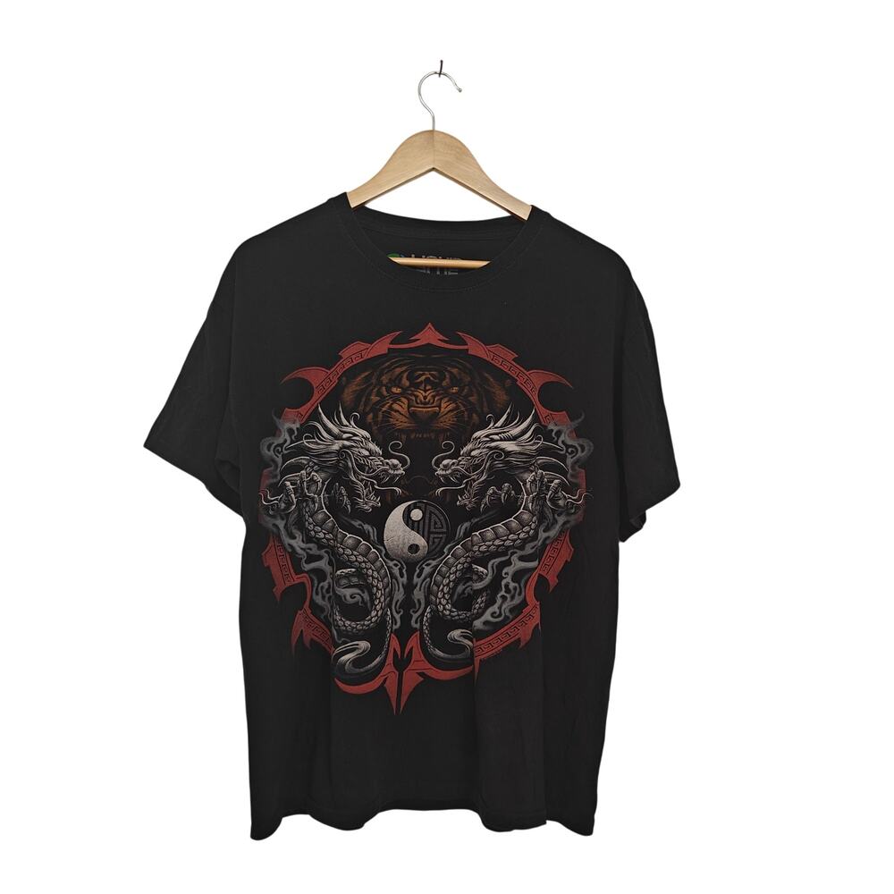 Liquid Blue Dragon Tiger Yin Yang Graphic Tee Mens Large Black Fantasy Shirt